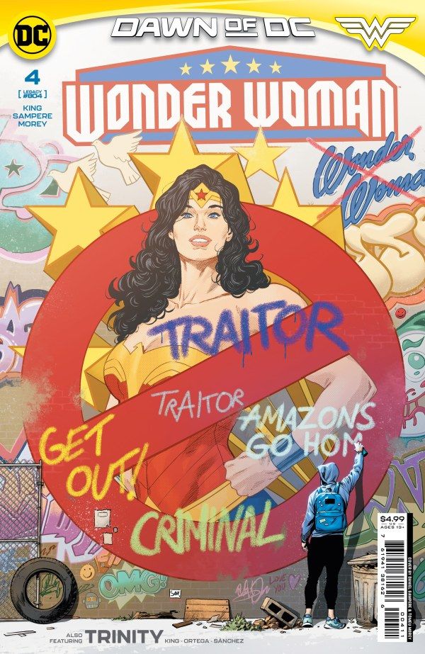 A cover for Wonder Woman #4 depicts a portrait of Wonder Woman covered with graffiti crossing her out and calling her a traitor. An artist writes 