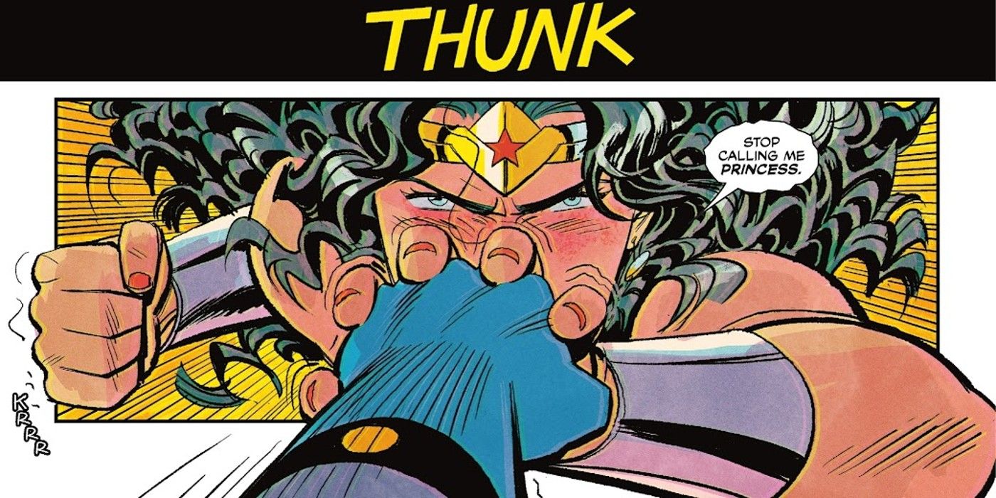 Comic book panel: Wonder Woman blocks a punch from Big Barda