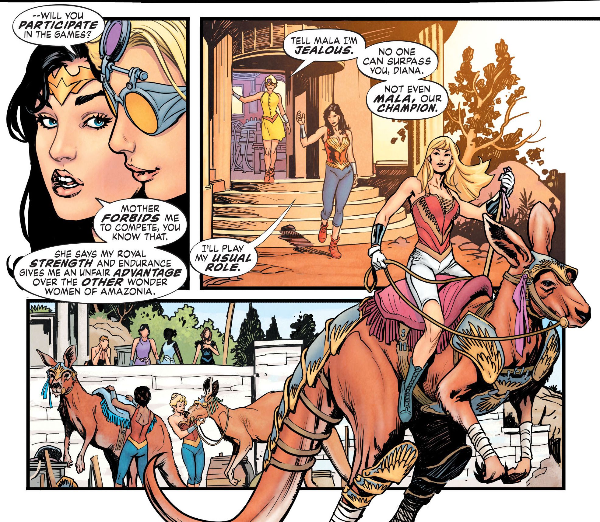 Comic book panels: Amazon women talk to each other while caring for kangaroo like creatures.