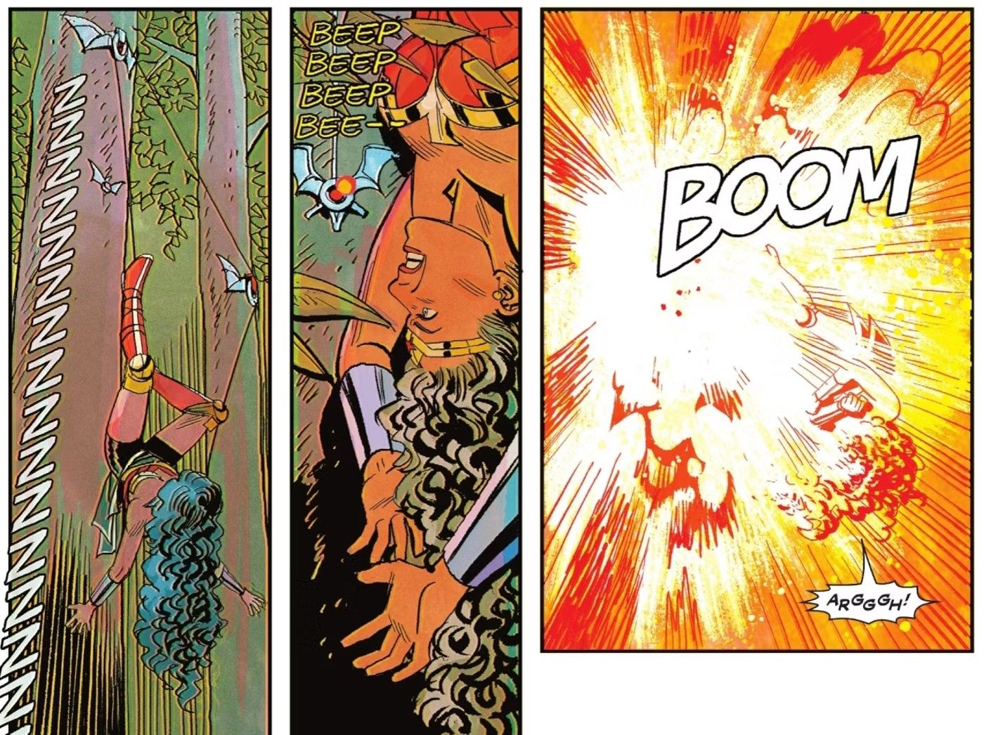 Comic book panels: Wonder Woman is caught in an explosion caused by a batarang.