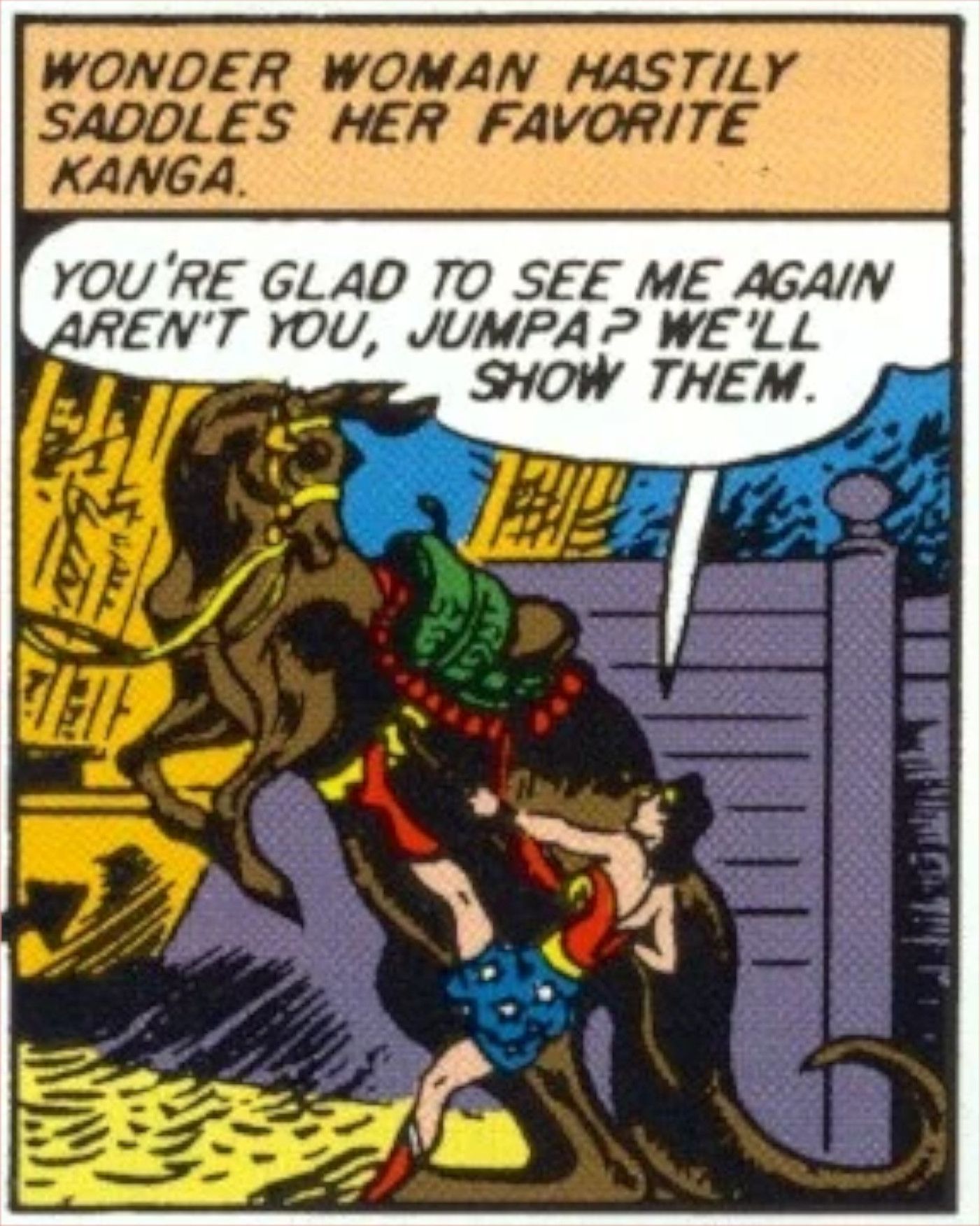 Comic book panel: Wonder Woman saddles Jumpa, a kangaroo like creature.
