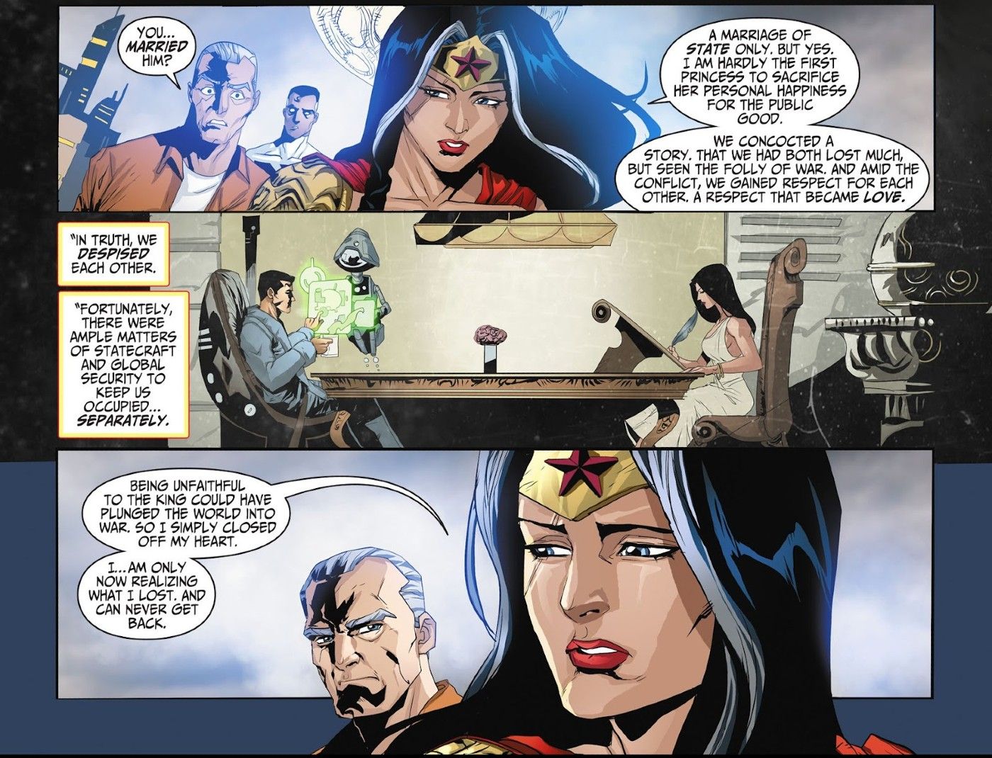 Comic book panels: DCAU Wonder Woman explains to Superman and Batman from her Earth why she married Lord Superman.