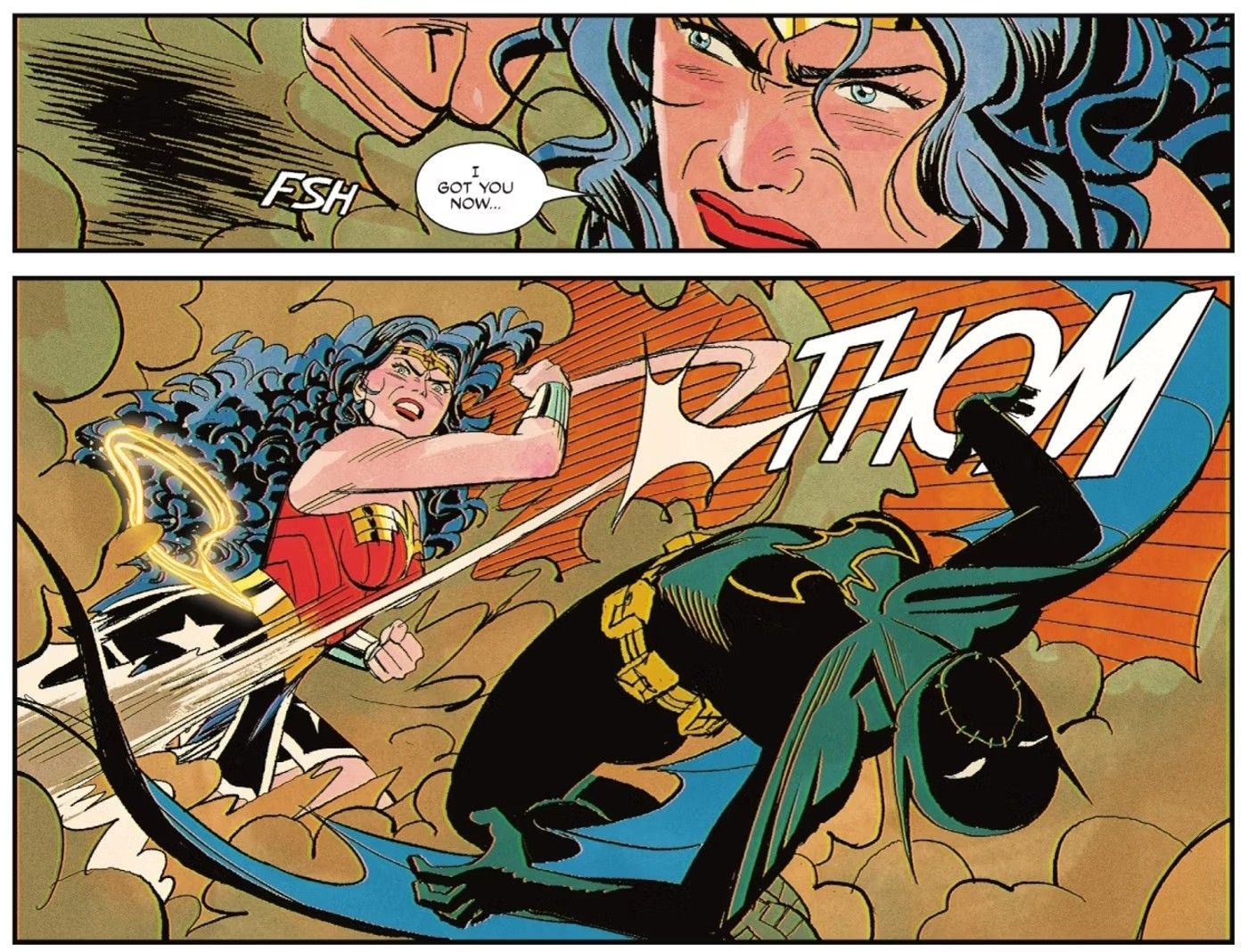 Comic book panels: Wonder Woman punches Batgirl.