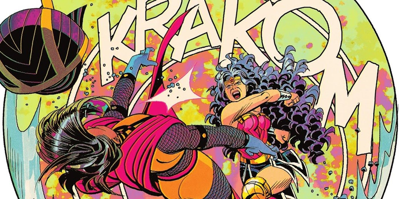 Comic book panel: Wonder Woman punches Big Barda