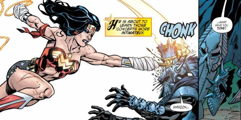Wonder Woman hits Ares in the head in DC Comics