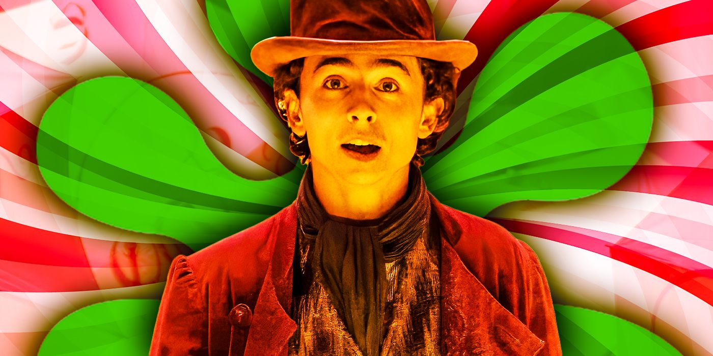 Willy Wonka (Timothee Chalamet) em uma foto de Wonka contra o fundo do logotipo do Rotten Tomatoes