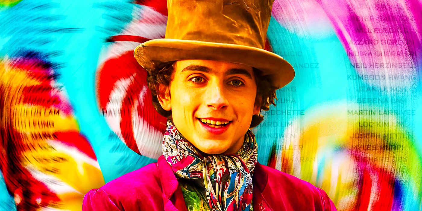 Timothée Chalamet as Willy Wonka in Wonka with credits behind him