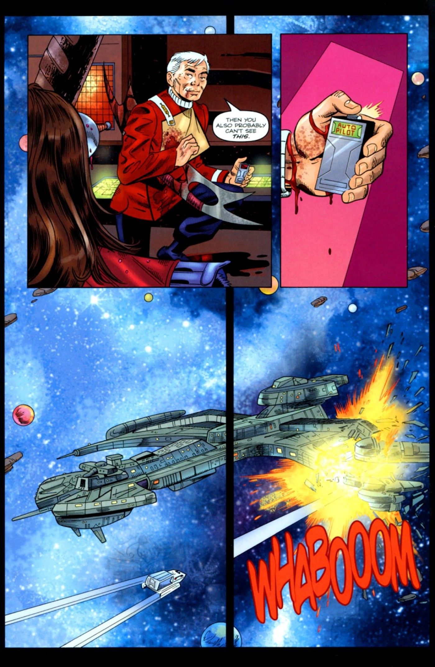 Four panels of Sulu setting his shuttle on auto-pilot, ramming it in to an alternate timeline Worf's ship.