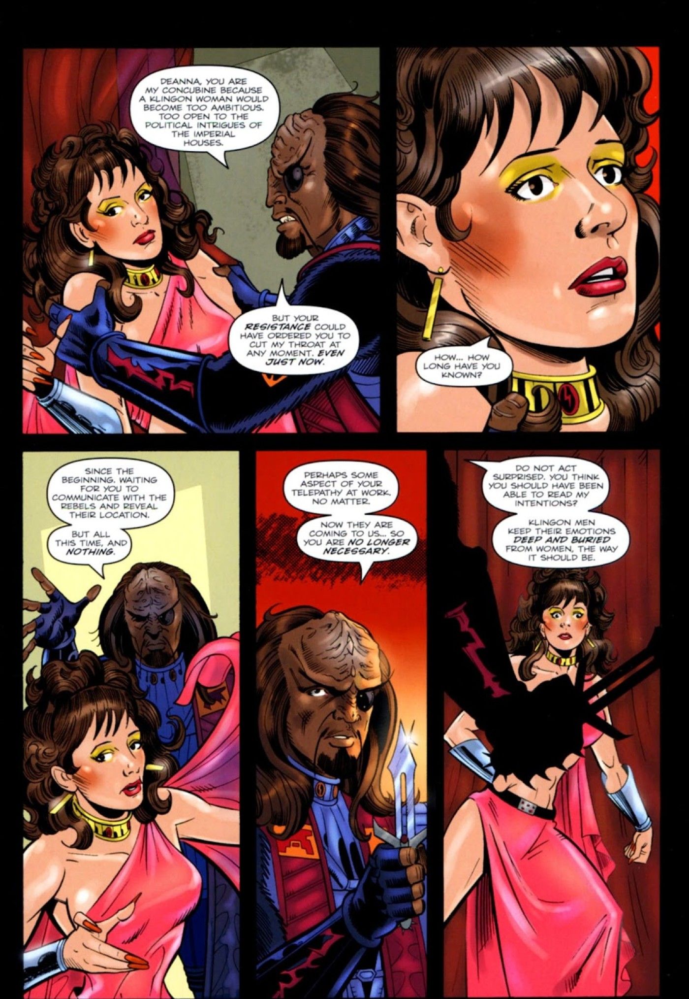 Five panels featuring an alternate timeline Worf explaining why he is about to kill Deanna Troi.