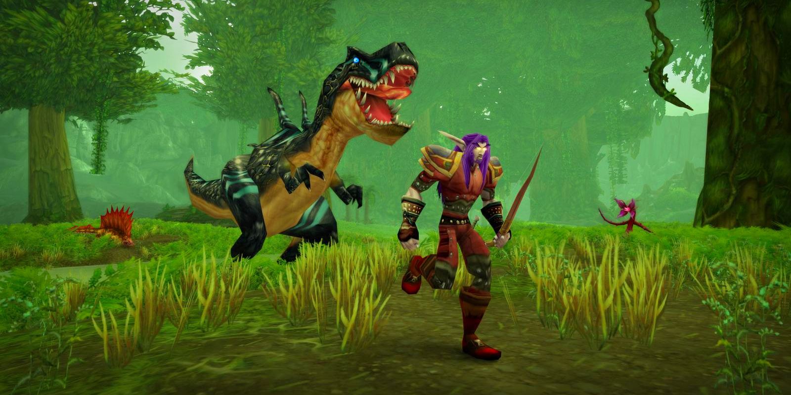 A dinosaur chasing a World of Warcraft character through a forest.