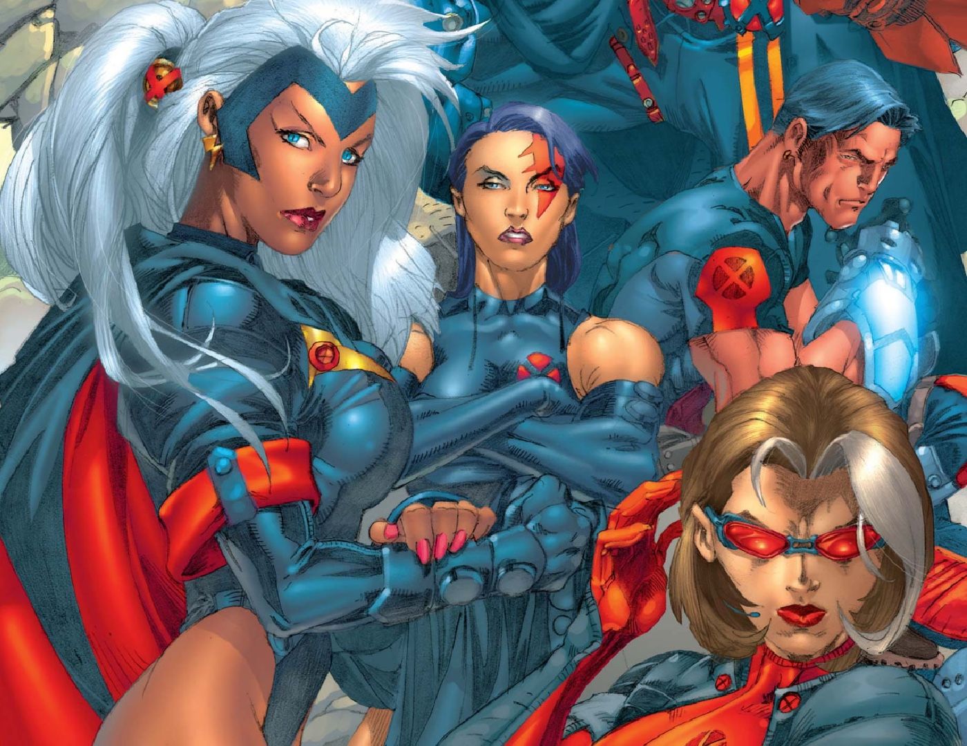 Cropped cover of X-Treme X-Men #1, Storm, Rogue, Psylocke and Thunderbird facing the reader.