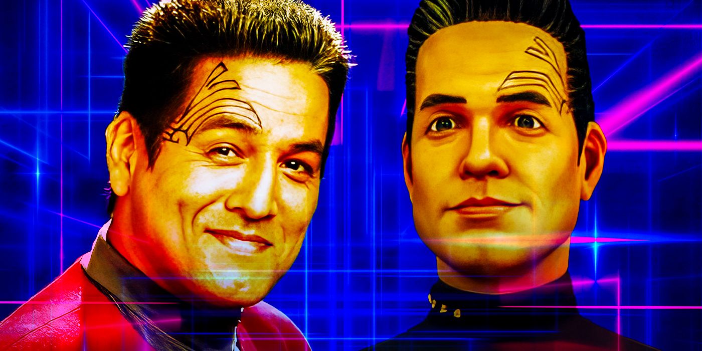 Robert Beltran as two version of Chakotay side by side, the live-action version from Star Trek: Voyager and the animated version from Star Trek: Prodigy.