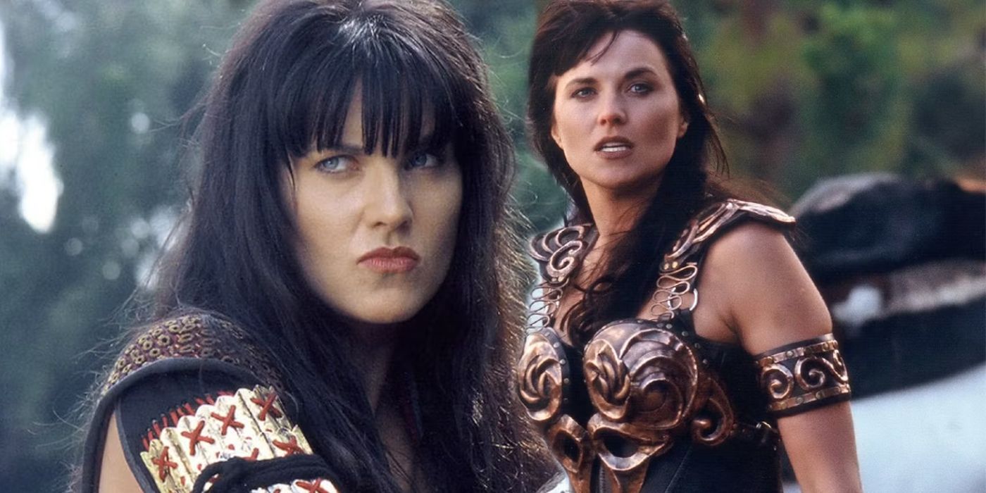 Lucy Lawless as Xena looking angry next to another image of Xena looking around in Xena Warrior Princess.
