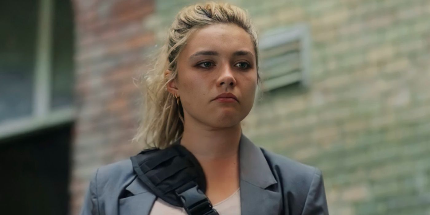 Yelena (Florence Pugh) with her lip trembling in Black Widow