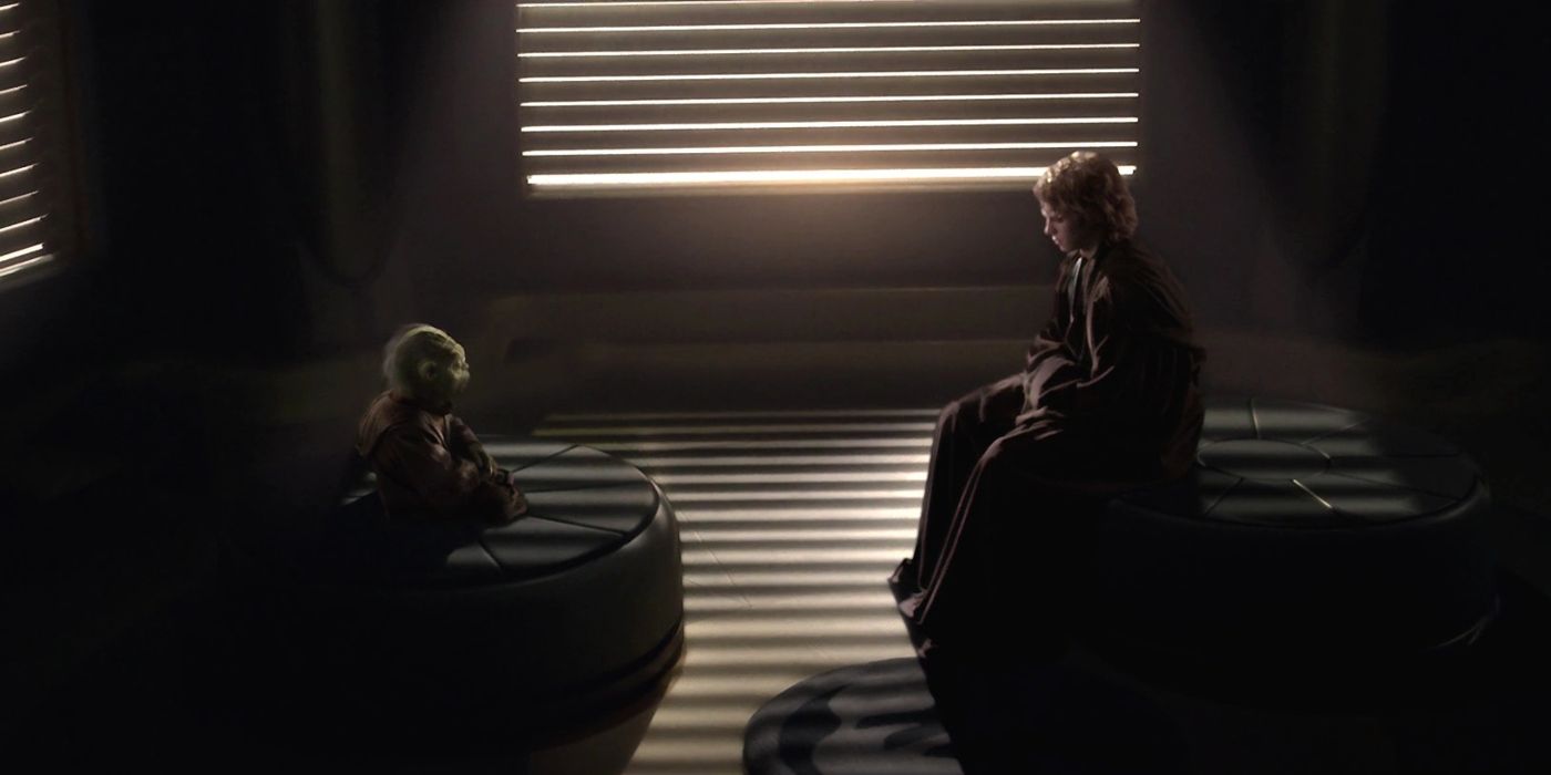 Yoda y Anakin se sientan uno frente al otro en el Templo Jedi en una habitación oscura en Star Wars: Episodio III - La venganza de los Sith
