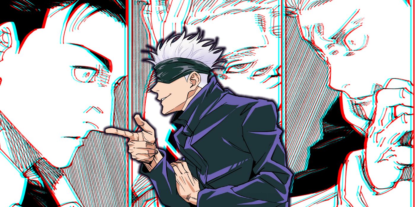 Yuji and Higuruma from Jujutsu Kaisen in the background, with Gojo in front smiling slightly and pointing to the left