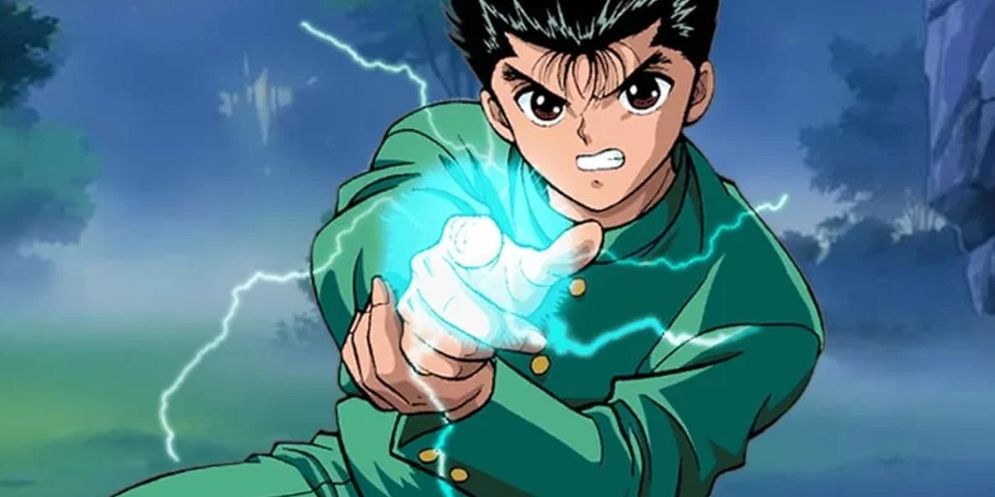 Yusuke Urameshi aims his spirit gun in the YuYu Hakusho anime