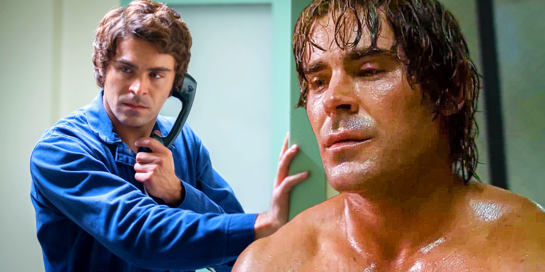 Zac Efron as Ted Bundy next to Efron in The Iron Claw
