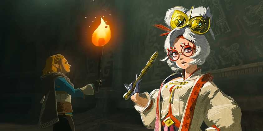Artwork of Purah from The Legend of Zelda: Tears of the Kingdom with Princess Zelda examining ancient murals in the background.