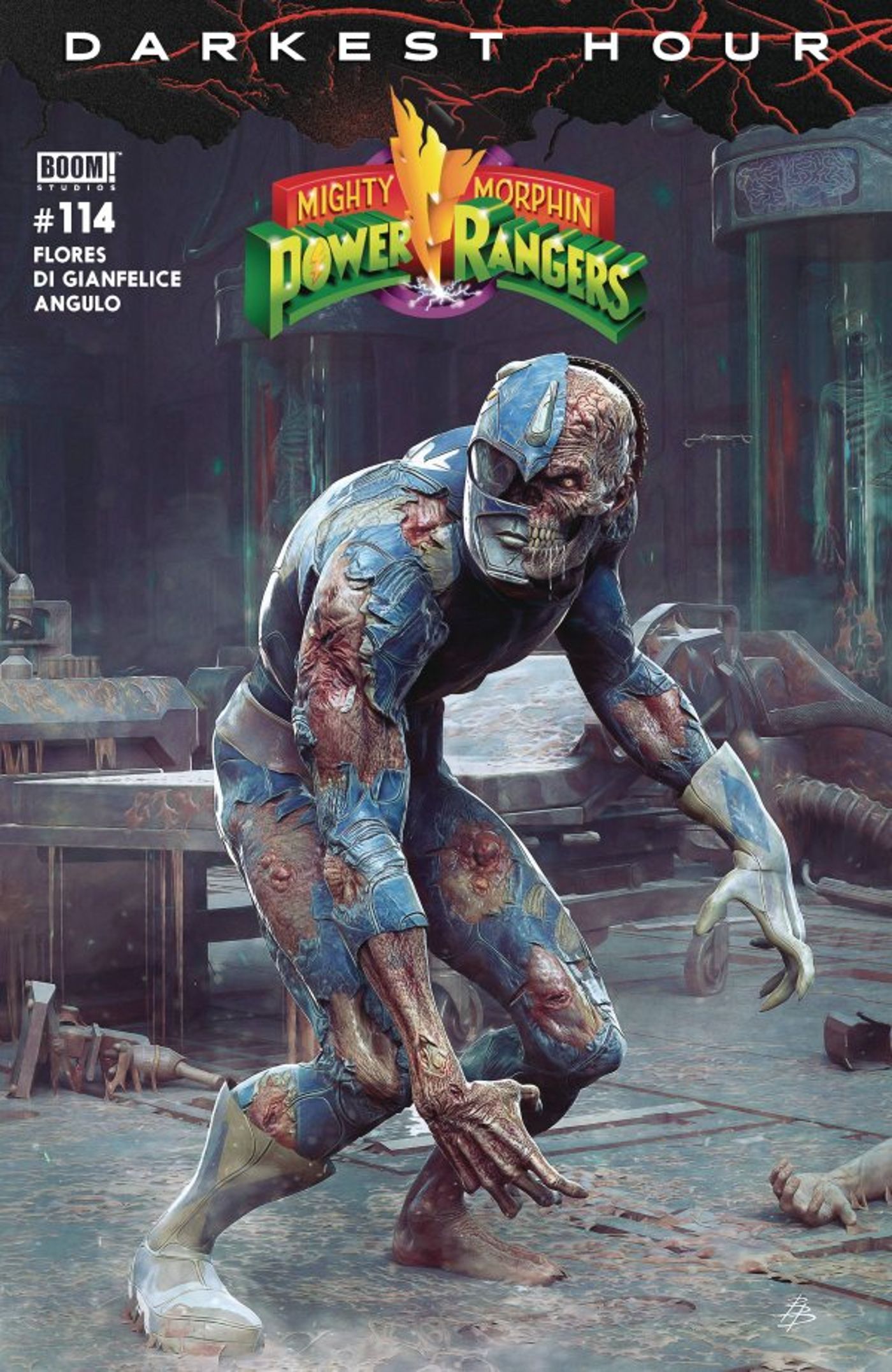 variant cover for Mighty Morphin' Power Rangers #114, featuring a zombified Blue Ranger