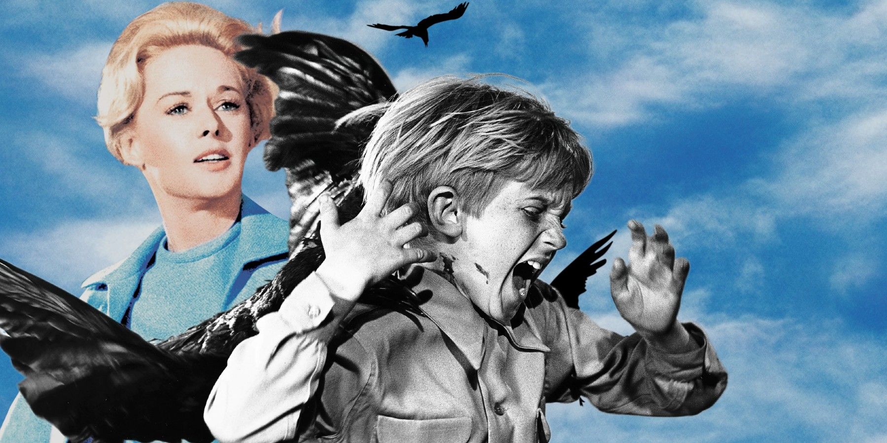 A child and a woman being attacked by birds in The Birds