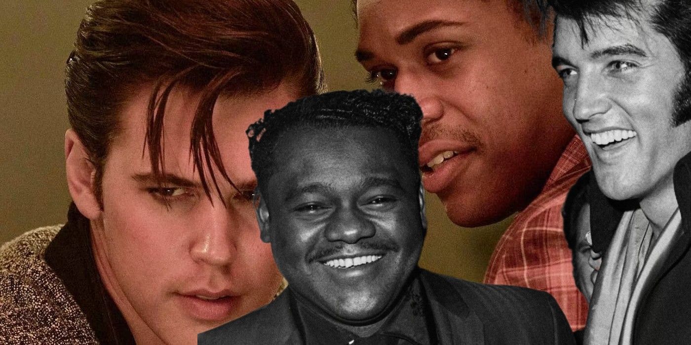 Combined image of Austin Butler and Kelvin Harrison in Elvis and the real BB King and Elvis Presley