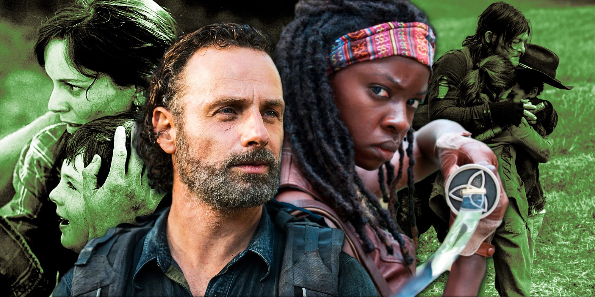Custom image with Rick and Michonne in the center and images of Carl with Lori and Daryl on either side
