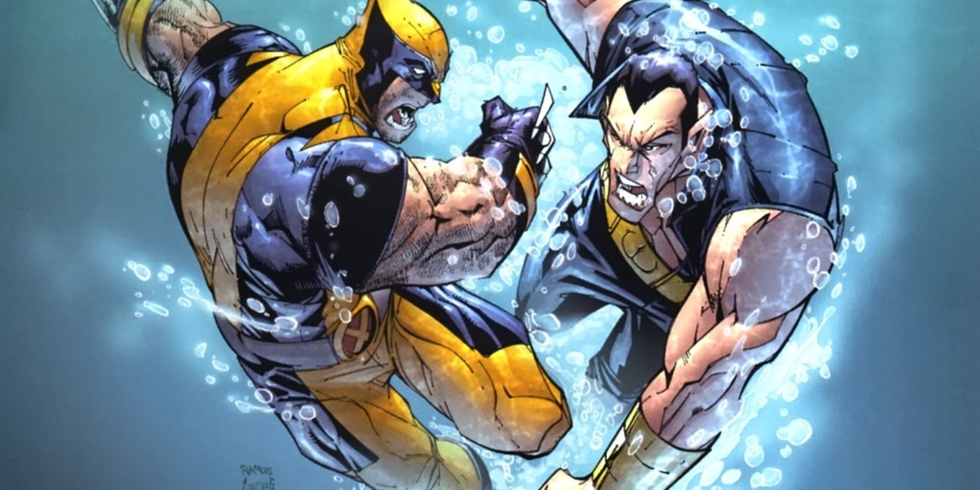 Wolverine fighting Namor underwater. 
