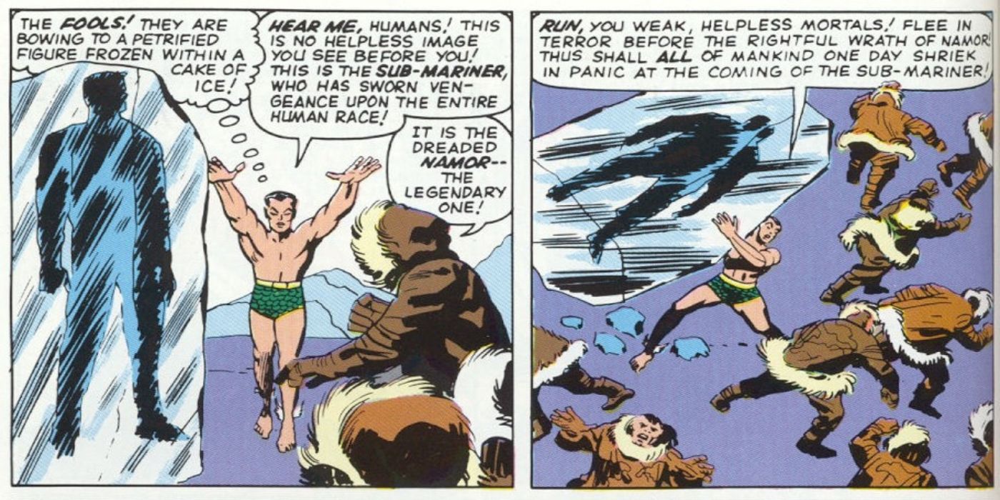 Namor freeing the frozen body of Captain America.
