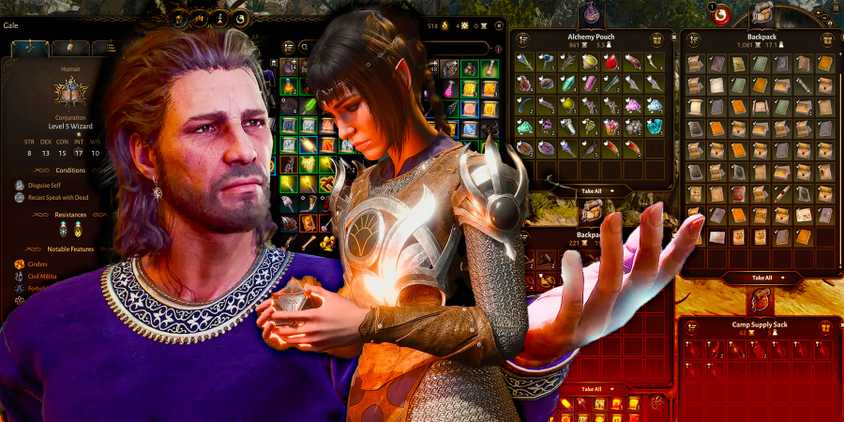 Gale and Shadowheart looking sad with very full bags in the background in Baldur's Gate 3