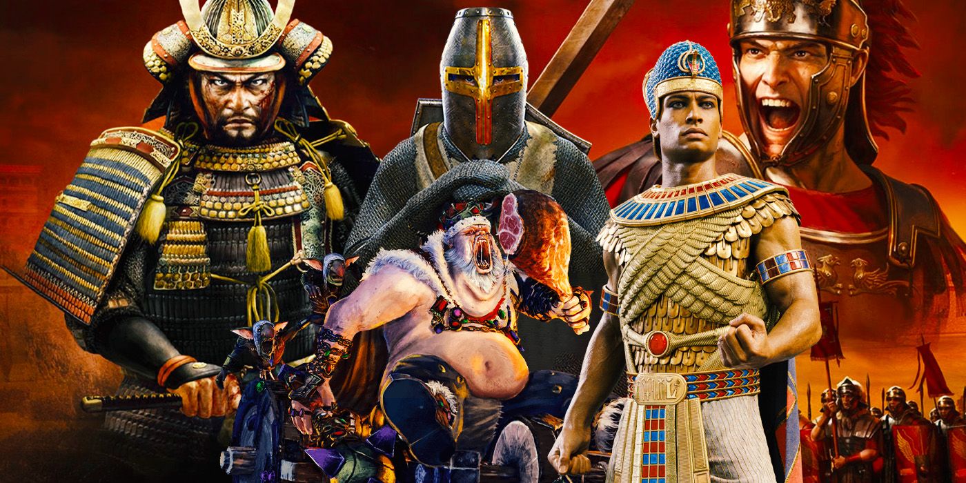 Total War characters in a collage format from Shogun, Warhammer, Medieval, Pharaoh, and Rome. 