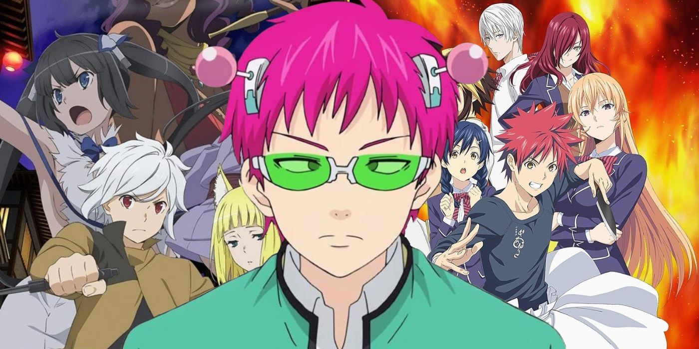 10 Best J.C. Staff Anime, Ranked, cover art featuring Saiki Kusuo from The Disastrous Life of Saiki K, as well as the cast from Danmachi: Is It Wrong to Try and Pick Up Girls in a Dungeon? and the cast of Food Wars! Shokugeki no Soma, with Yukihira Souma.