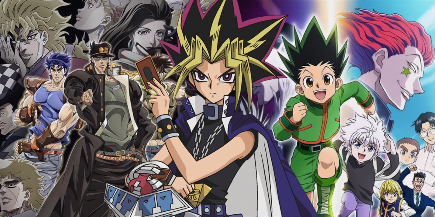 10 Best Shonen Anime Power Systems That Greatly Improved Their Series image featuring Yugi from Yugioh (Yu-Gi-Oh!), and the casts of Jojo's Bizarre Adventure and Hunter x Hunter. 