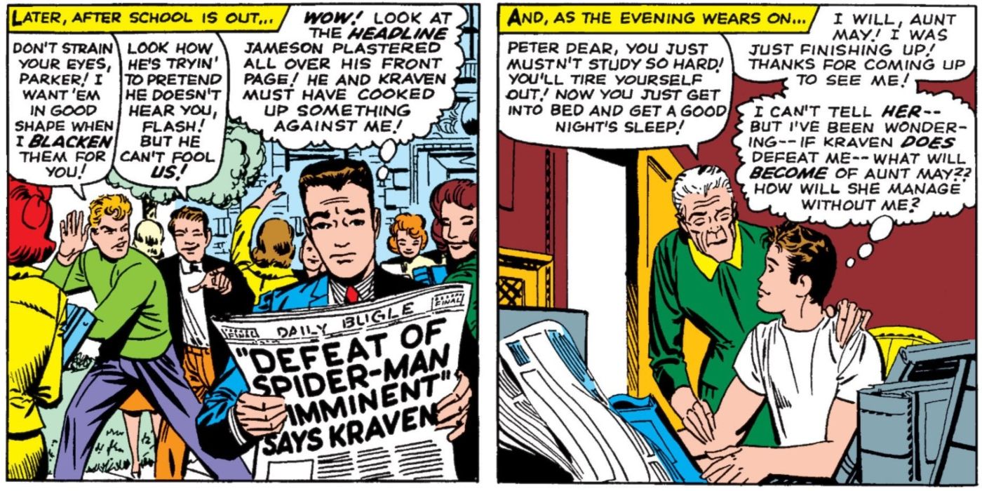 Peter Parker reading a Daily Bugle article about Spider-Man.