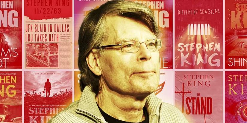 Stephen King with his books in the background.