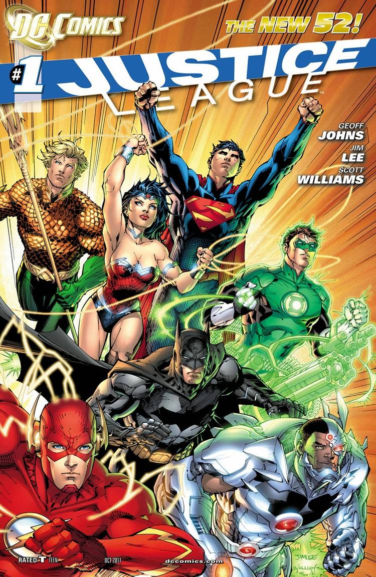 Comic book cover: the New 52 Justice League leaps forward.