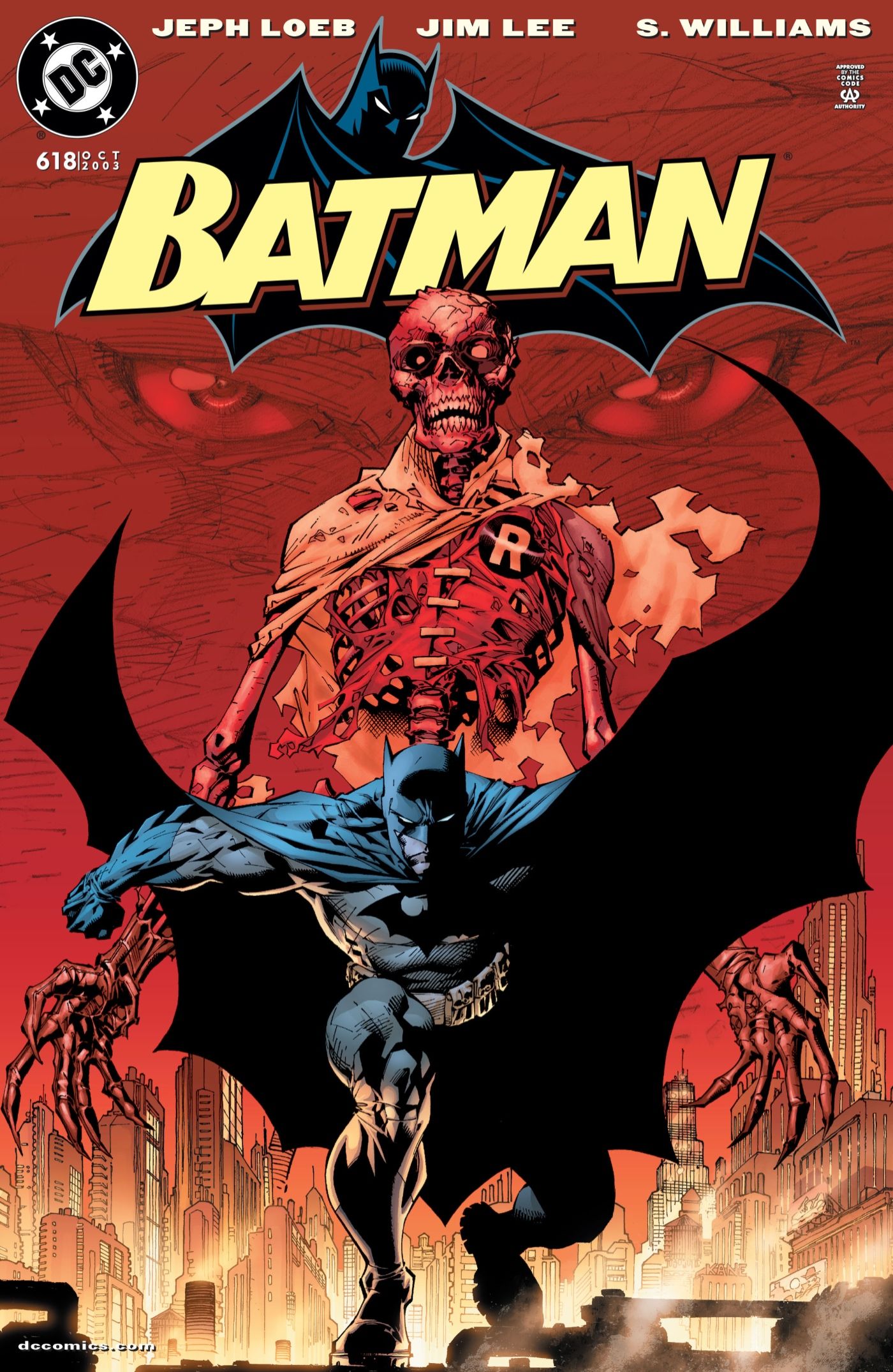 Batman running from a zombified Robin on a comic cover.