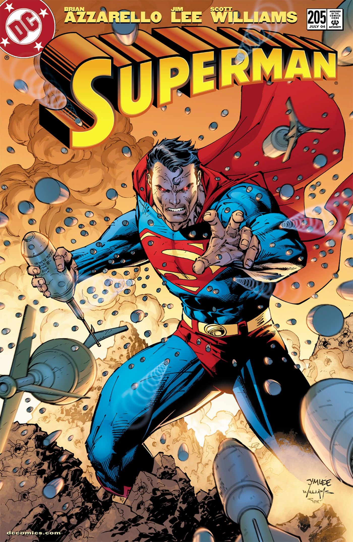 Superman in a warzone on a comic cover.