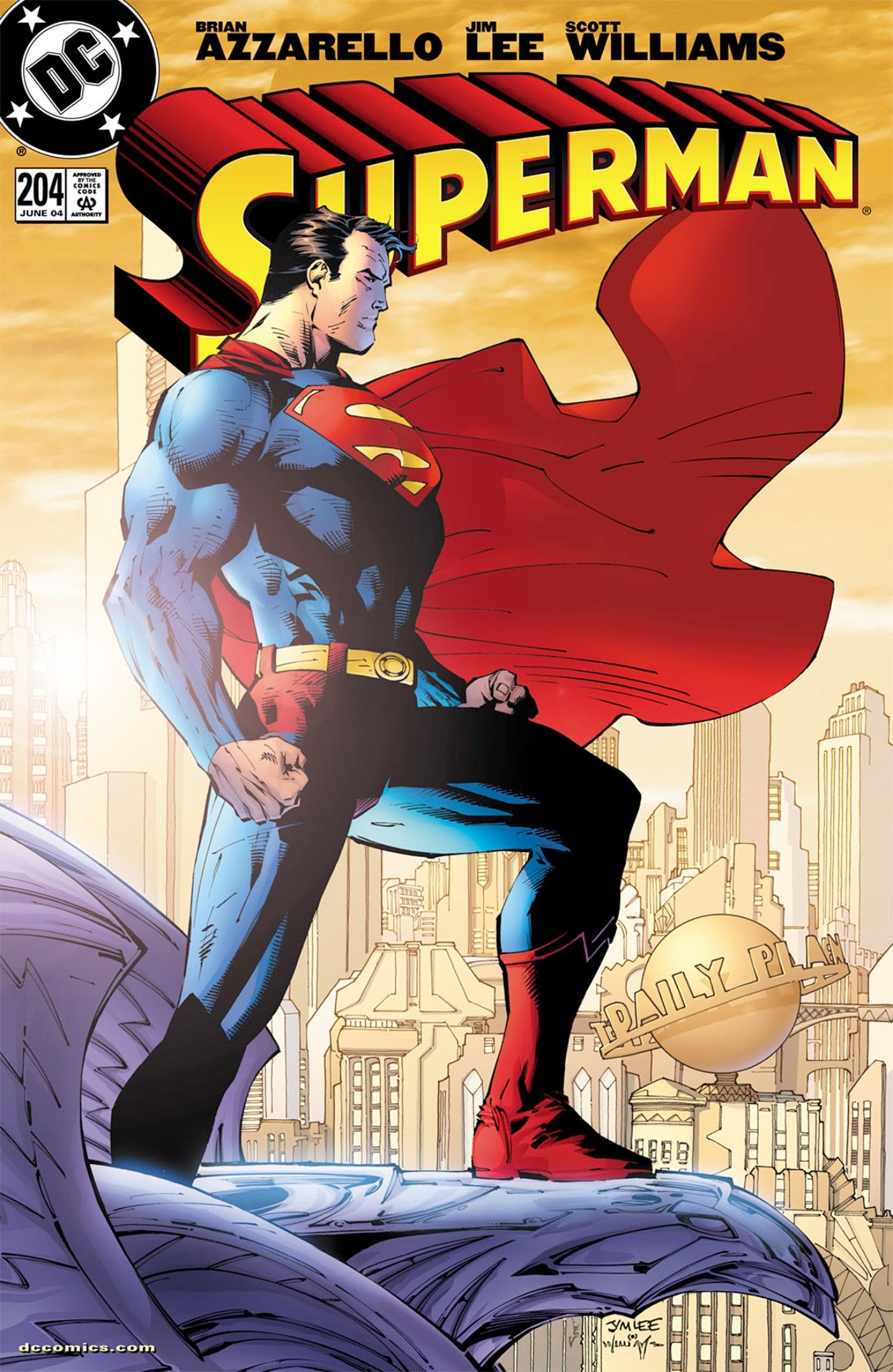 Superman watching over Metropolis on a comic cover.