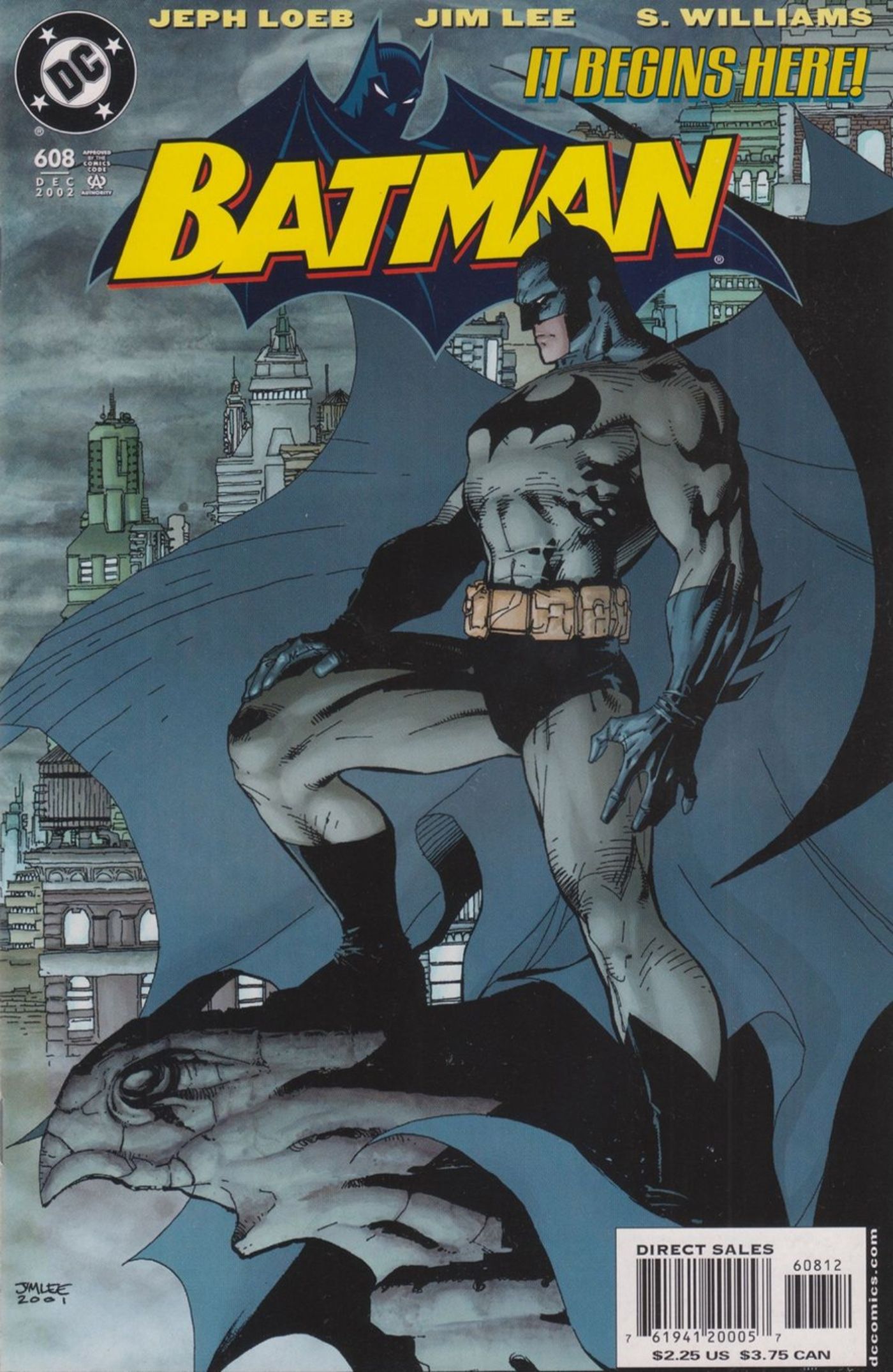 Batman watching over Gotham on a comic cover.