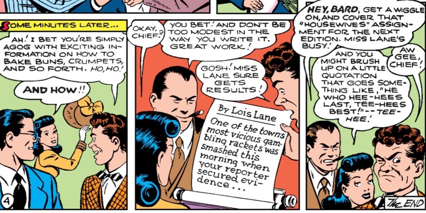 Lois Lane writing a story about a mob operation.