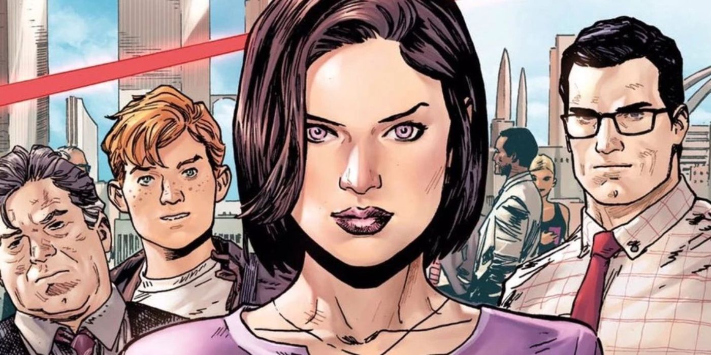 Lois Lane with Clark Kent and Jimmy Olsen behind her.