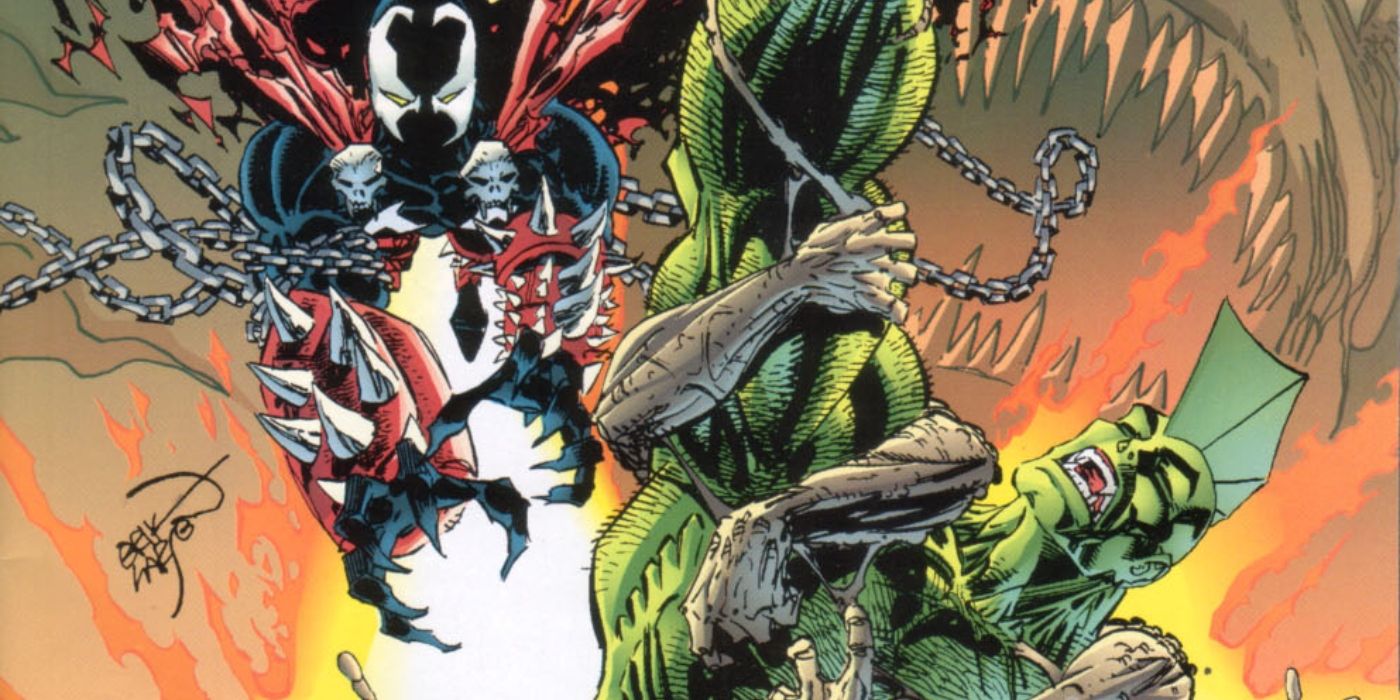 Savage Dragon lutando contra demônios com Spawn.