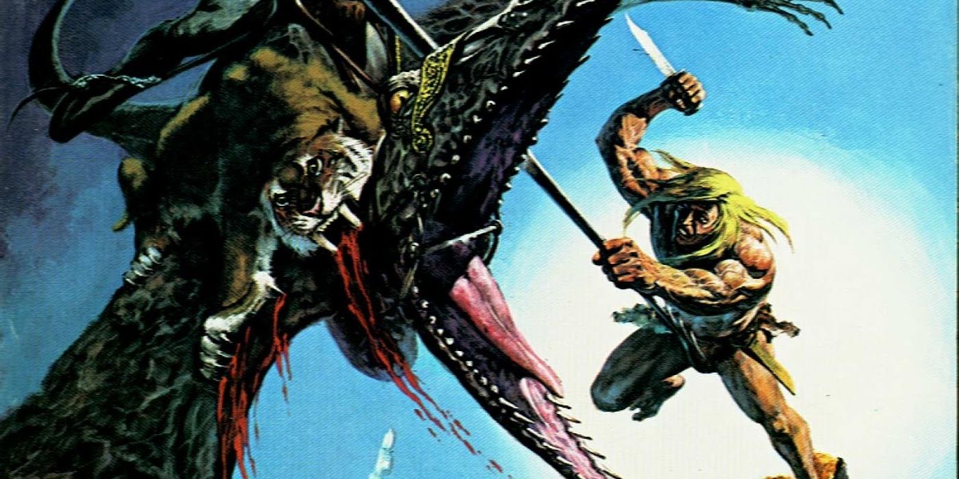 Ka-Zar attacking a dinosaur in the Savage Land.