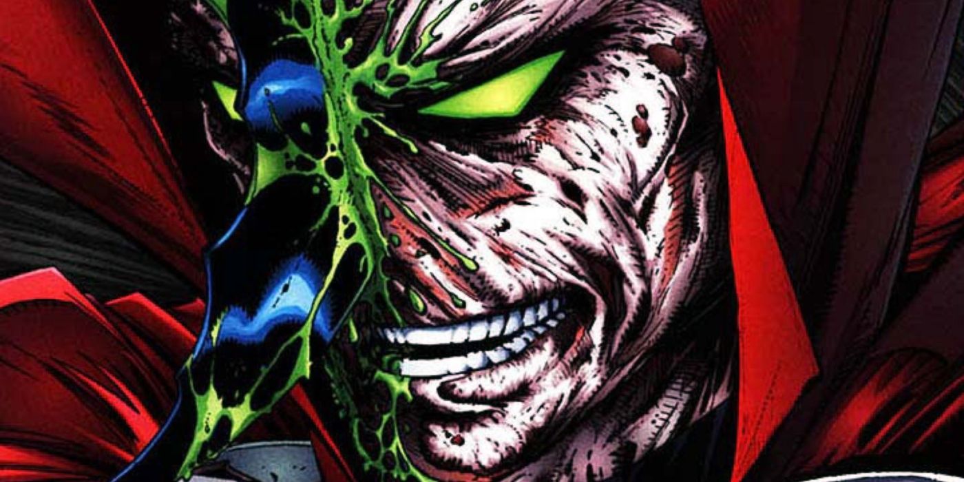 Spawn with Batman&rsquo;s batarang stuck in his face.
