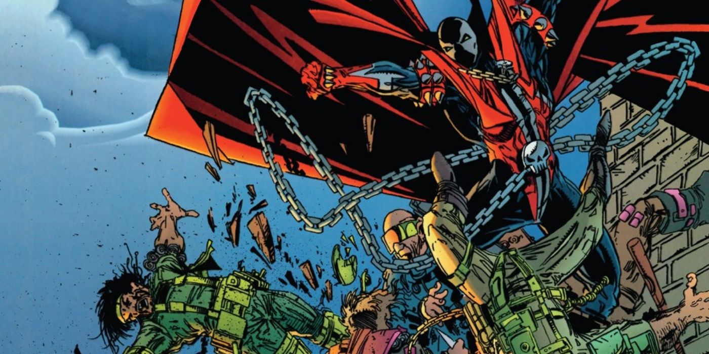Spawn fighting an army of cyborgs.