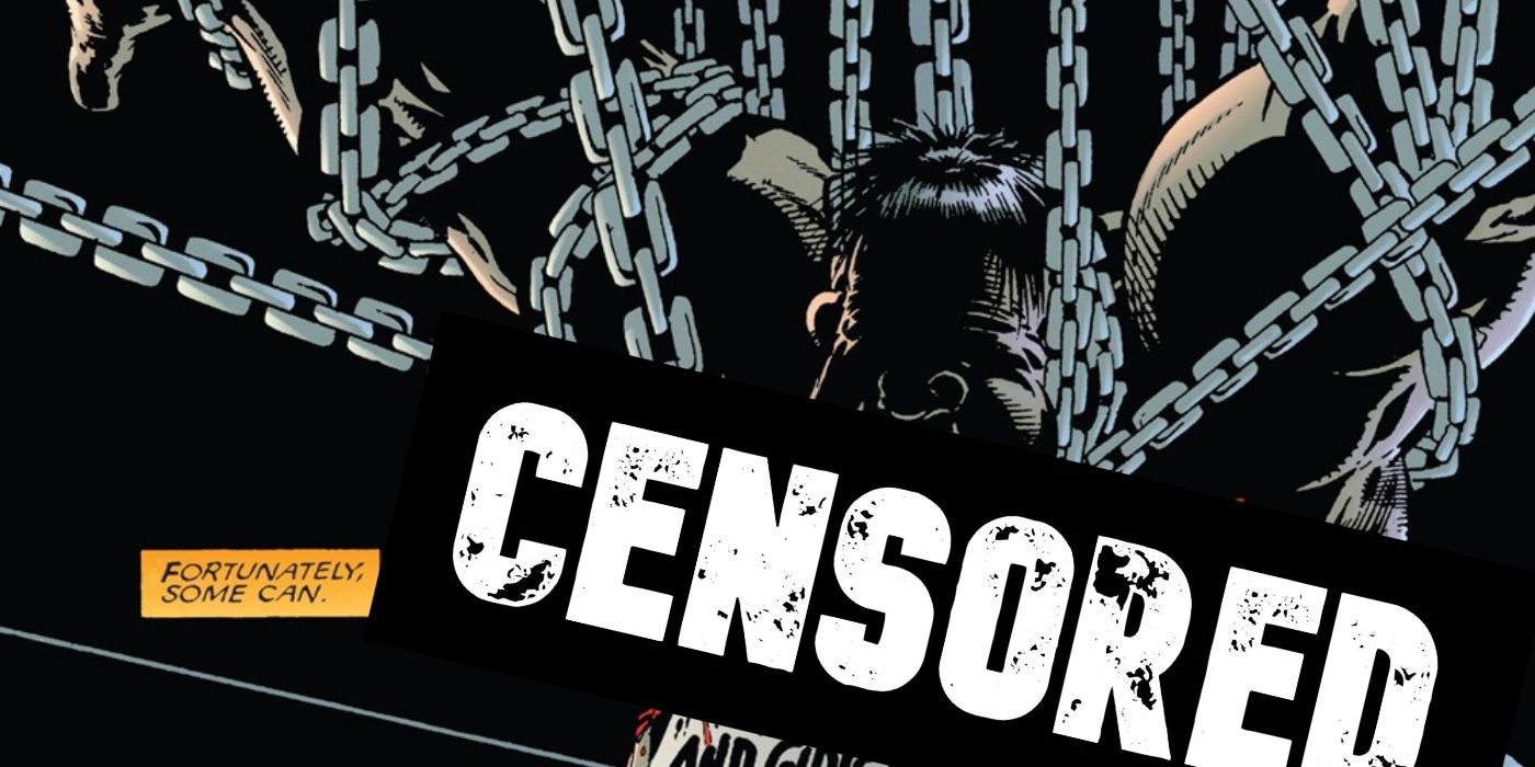Censored image of Spawn torturing a child murderer to death.