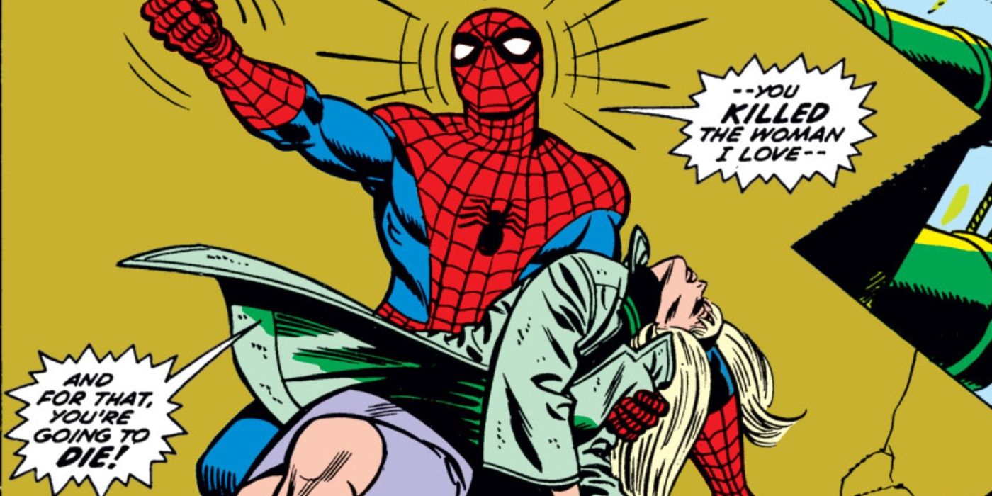 Spider-Man holding Gwen Stacy's dead body in his arms.