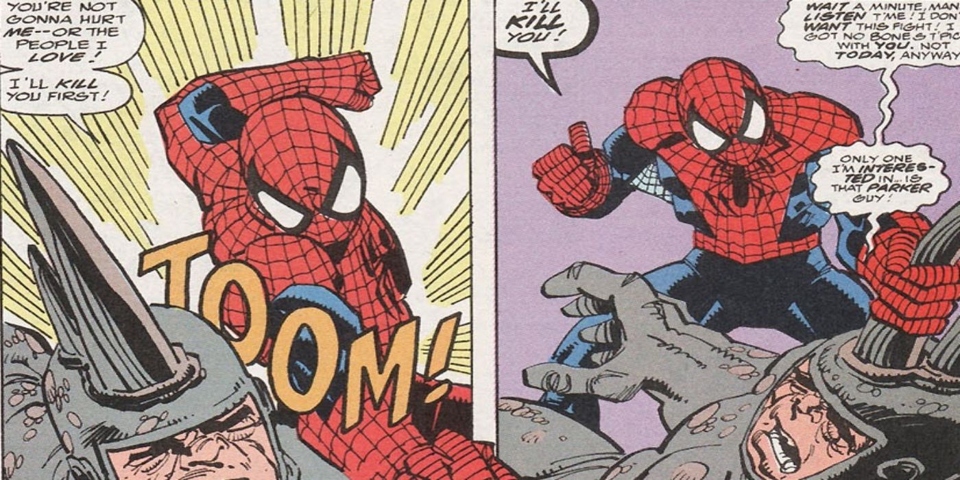 Spider-Man beating up Rhino. 
