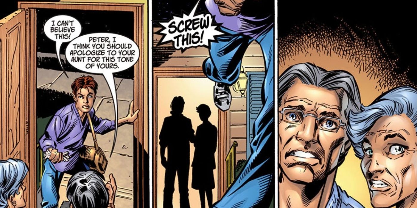 Peter Parker storming away from his aunt and uncle after a fight.